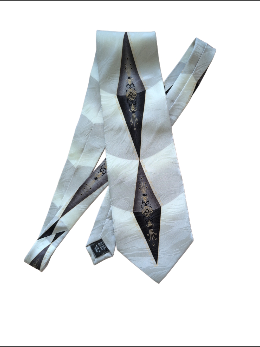 90s Vintage Handmade Silk Geometric Diamond Pattern Necktie - White, Black, Gold
